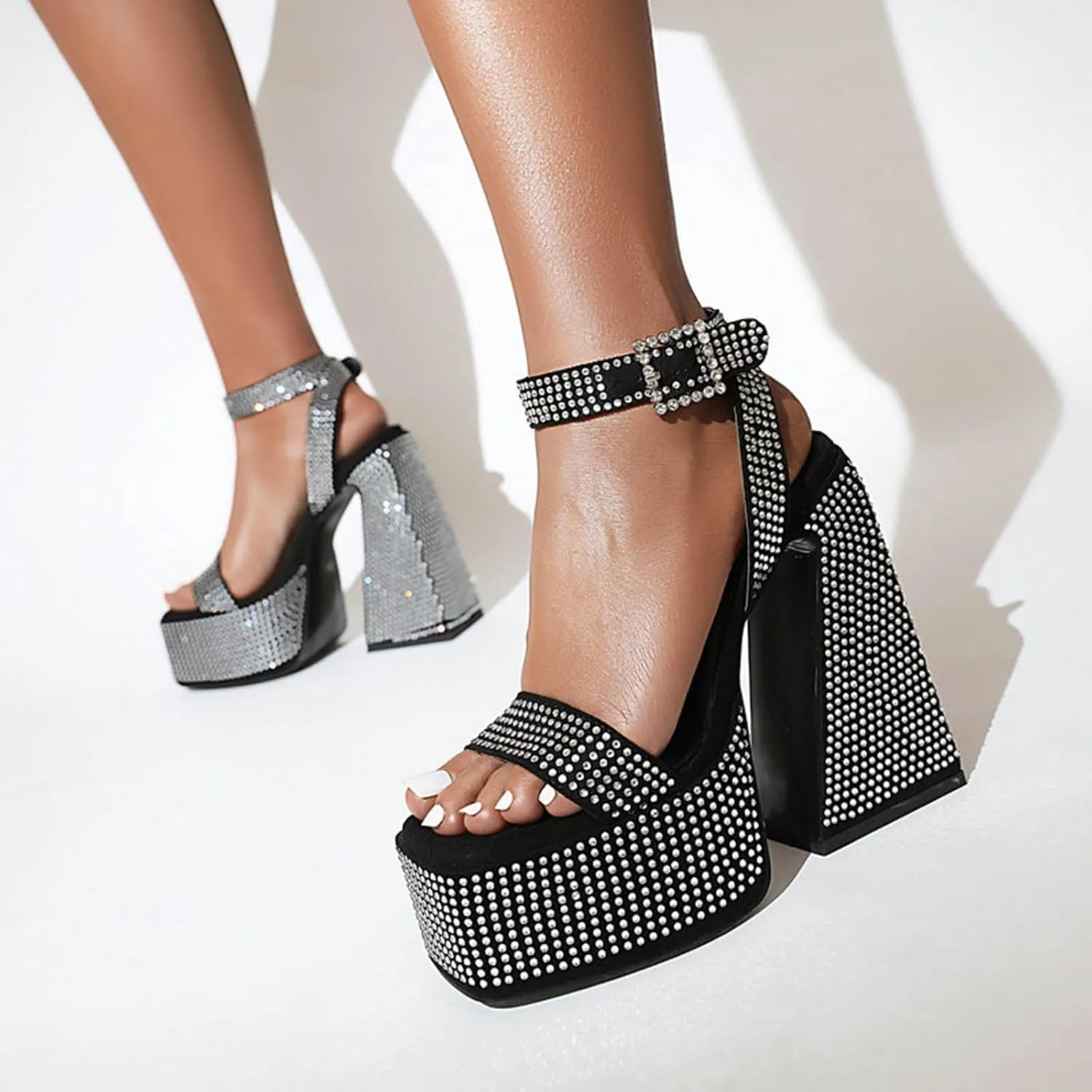 TNXZ Women's Girl Platform High Heels Sandals Rhinestones Square Open Toe Strappy Pumps Ankle Strap Dress Party Summer Shoes