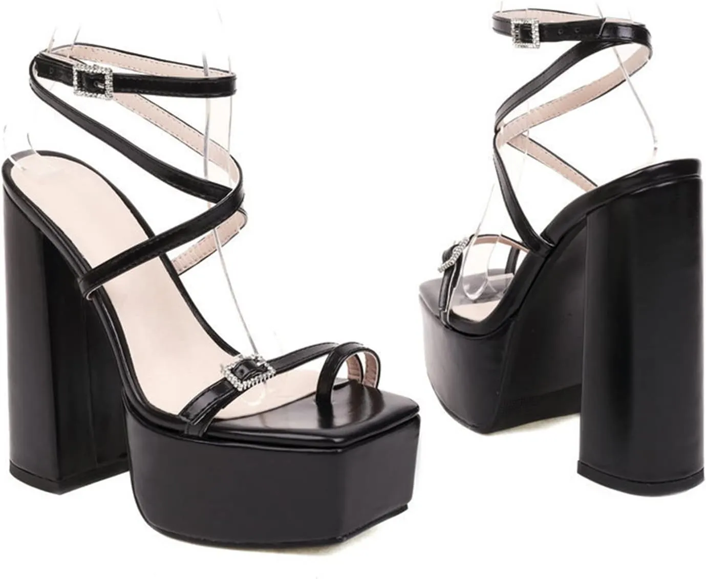TNXZ Women's Girl Platform High Heels Sandals Square Open Toe Strappy Pumps Lace Up Dress Party Summer Shoes