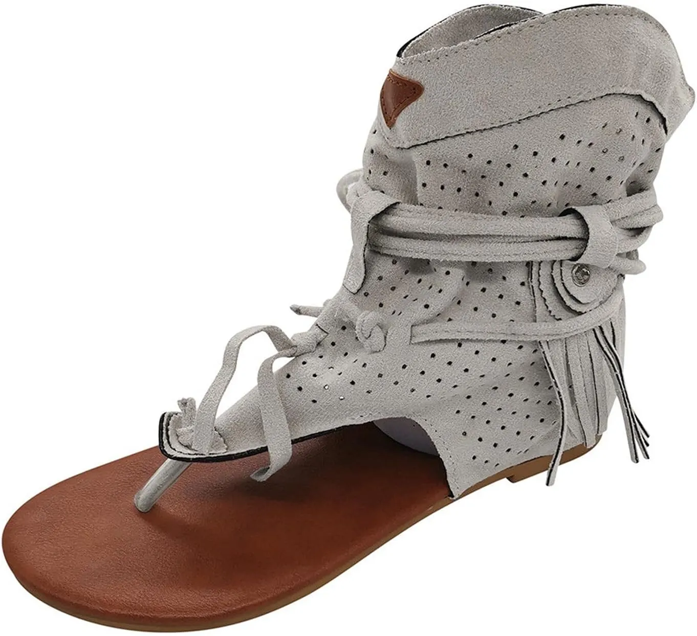 Vintage Flip Flops for Women Bohemian Tassel Clip Toe Straps Lace up Flat Sandals Summer Comfortable Casual Breathable Roman Beach Shoes Boots