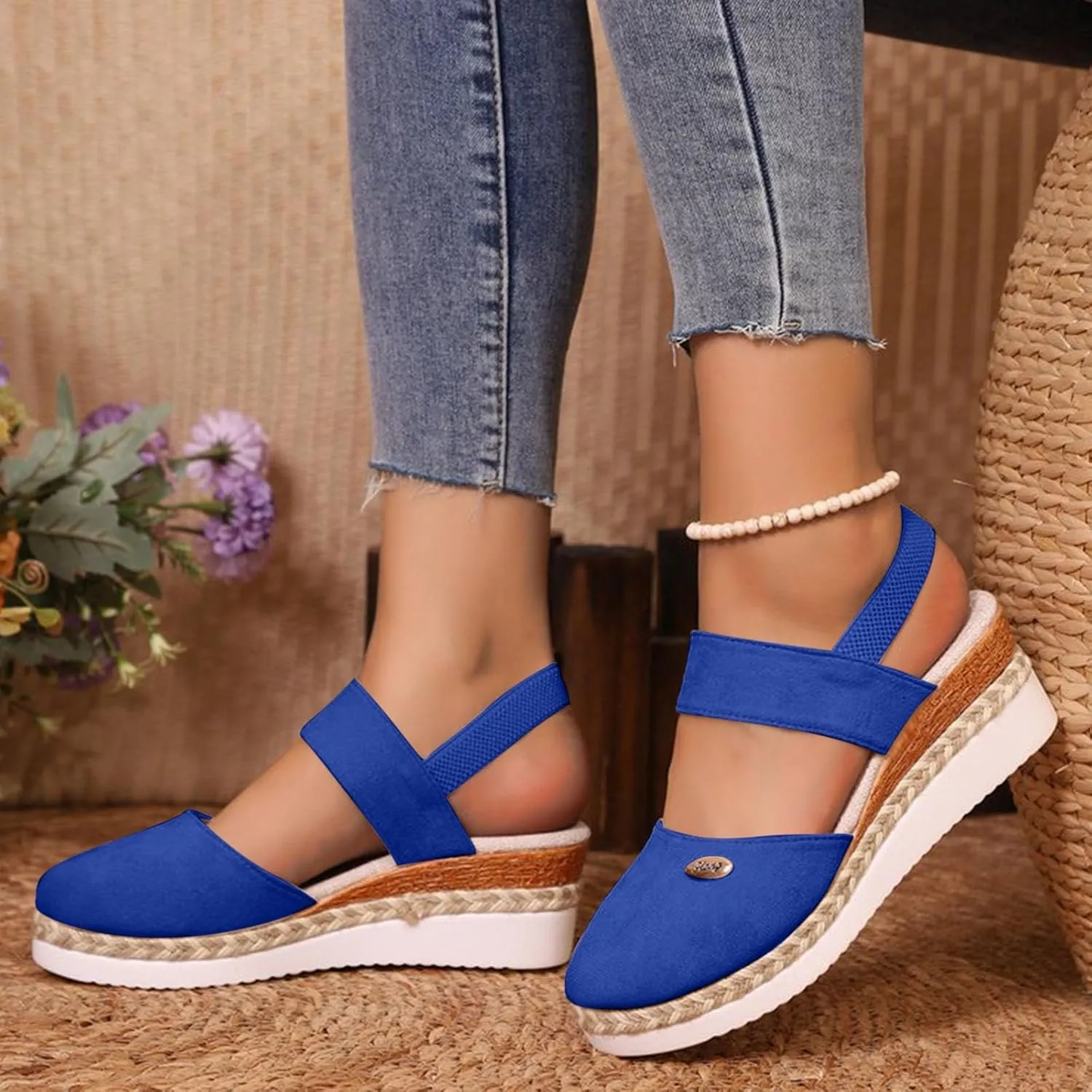 Wedge Sandals for Women Closed Toe Espadrilles Slingback Elastic Strap Lightweight Shoes Comfy Summer Daily Style