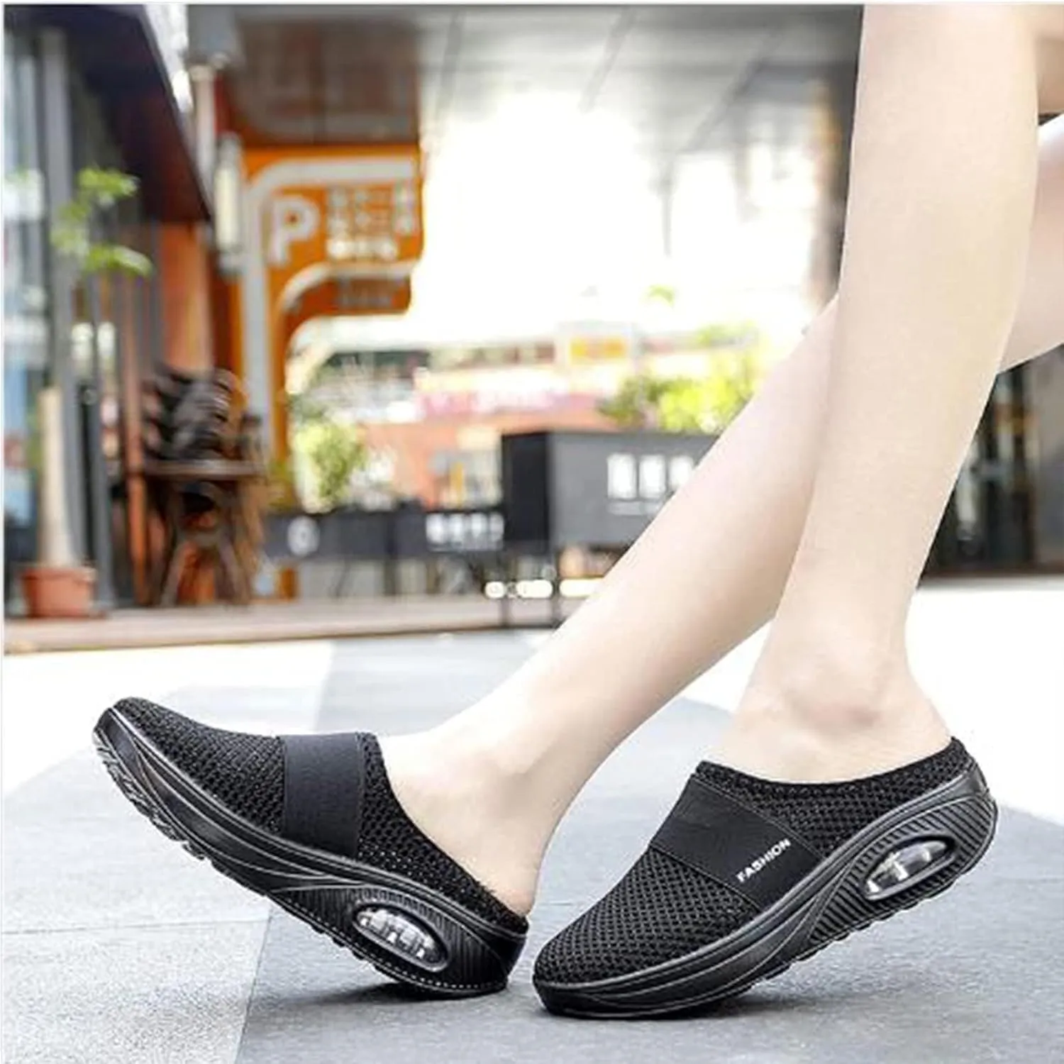 Womens Air Cushion Walking Shoes Slip-On Mesh Breathable Arch Support Mule Shoes Lightweight Closed Toe Slippers Outdoor Sneakers