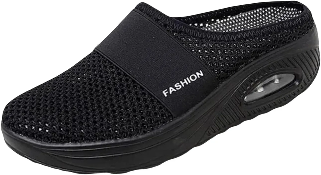 Womens Air Cushion Walking Shoes Slip-On Mesh Breathable Arch Support Mule Shoes Lightweight Closed Toe Slippers Outdoor Sneakers