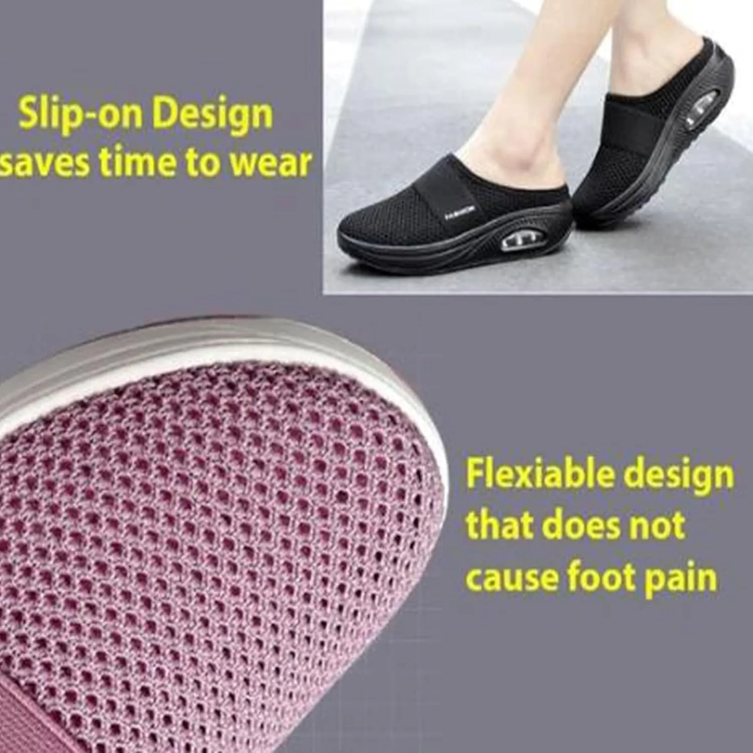 Womens Air Cushion Walking Shoes Slip-On Mesh Breathable Arch Support Mule Shoes Lightweight Closed Toe Slippers Outdoor Sneakers