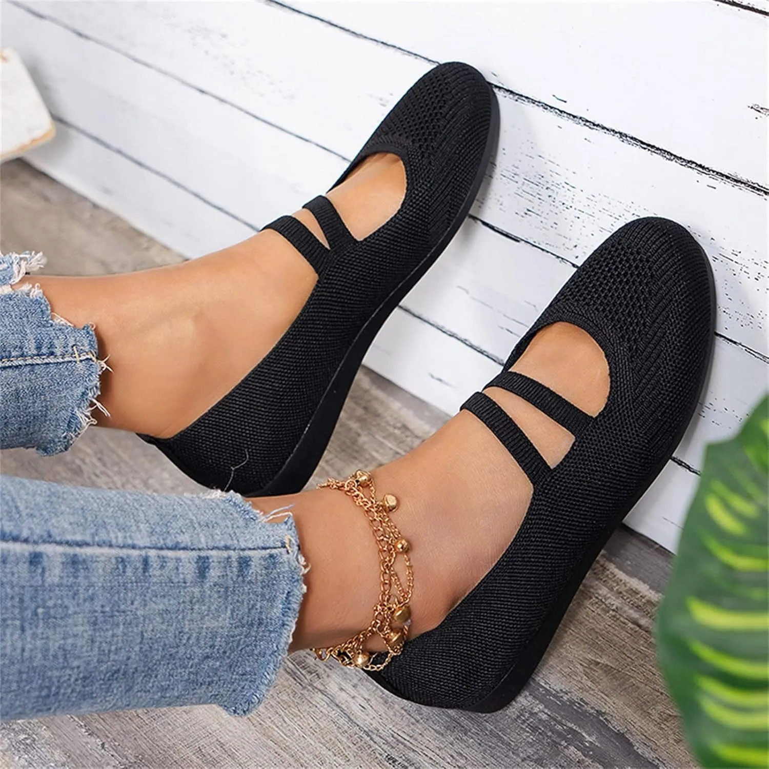 Womens Ballet Flats Shoes Comfort Walking Shoe, Breathable Crochet Knit Mesh Round Toe Dress Shoes Double Strap Shoe