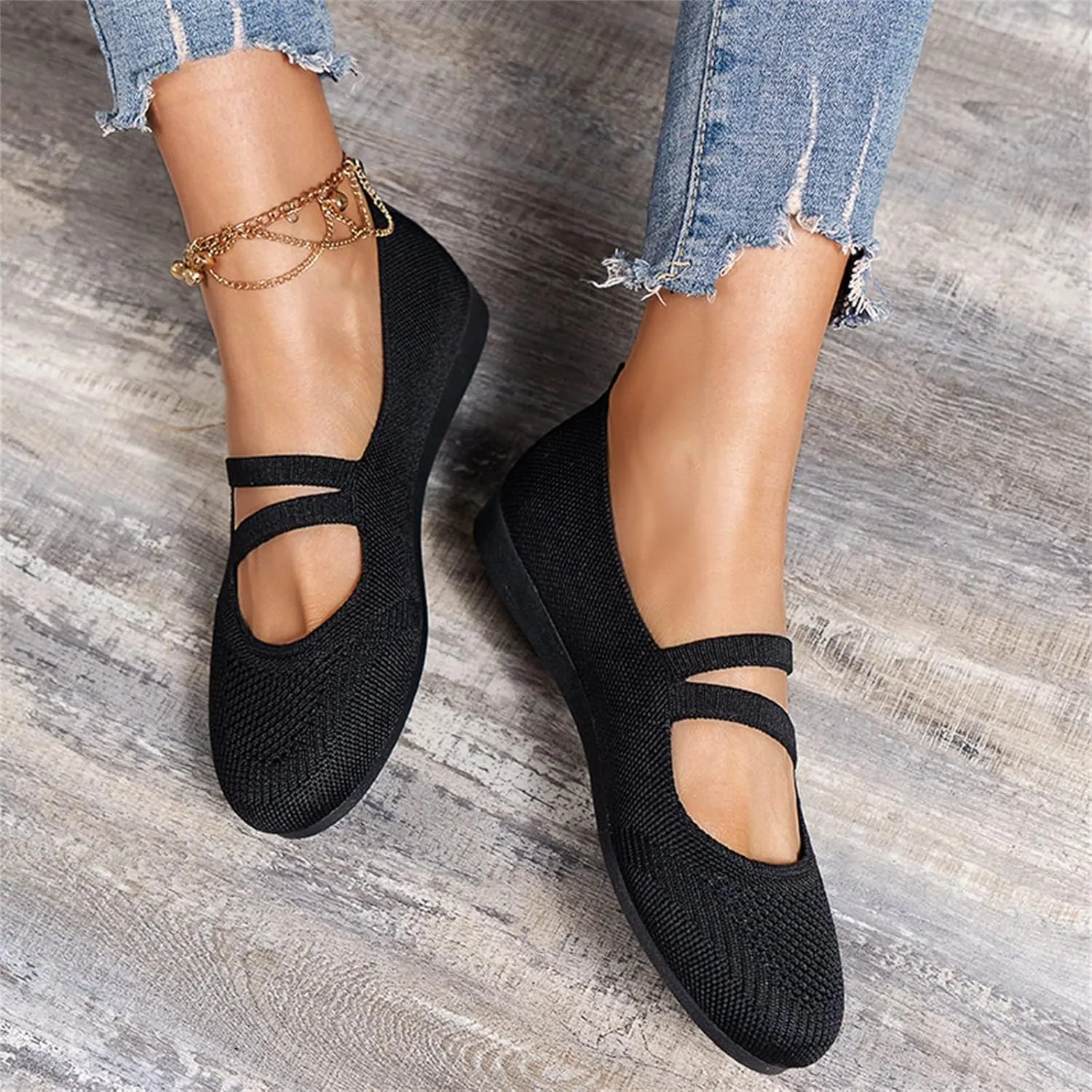 Womens Ballet Flats Shoes Comfort Walking Shoe, Breathable Crochet Knit Mesh Round Toe Dress Shoes Double Strap Shoe
