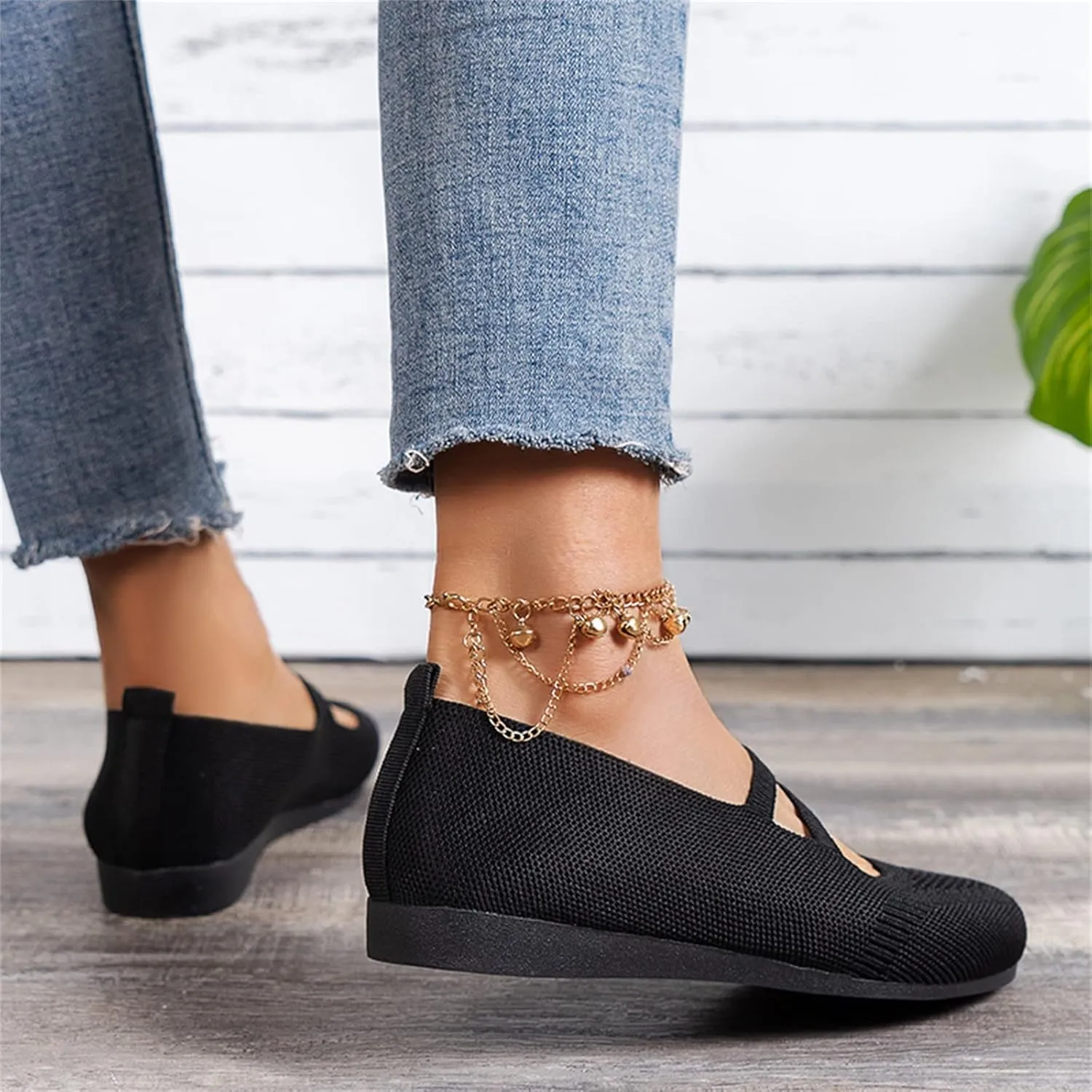 Womens Ballet Flats Shoes Comfort Walking Shoe, Breathable Crochet Knit Mesh Round Toe Dress Shoes Double Strap Shoe