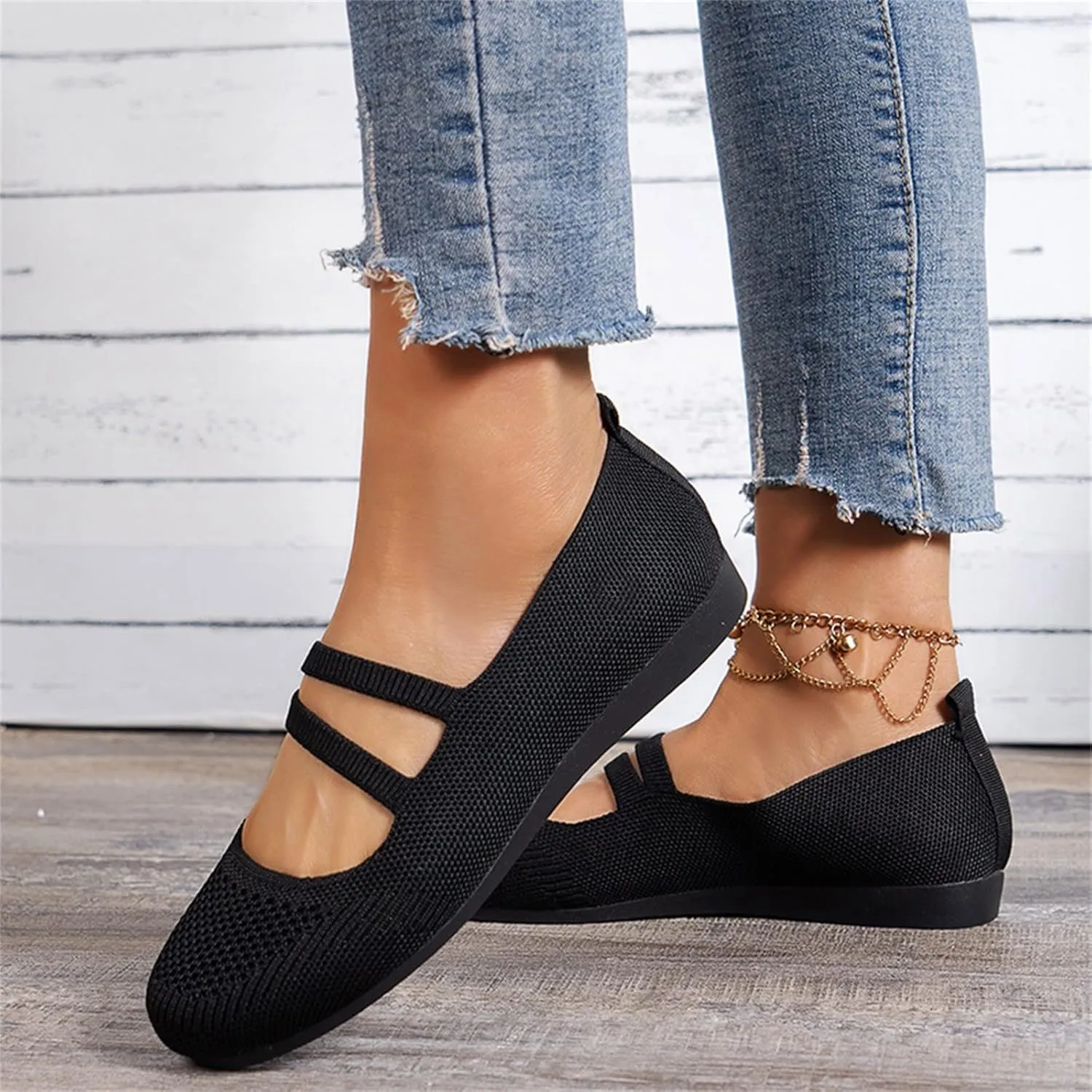 Womens Ballet Flats Shoes Comfort Walking Shoe, Breathable Crochet Knit Mesh Round Toe Dress Shoes Double Strap Shoe