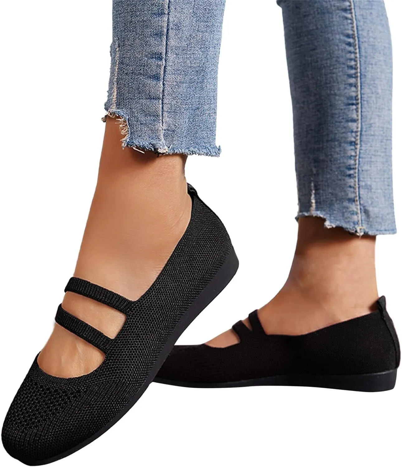 Womens Ballet Flats Shoes Comfort Walking Shoe, Breathable Crochet Knit Mesh Round Toe Dress Shoes Double Strap Shoe