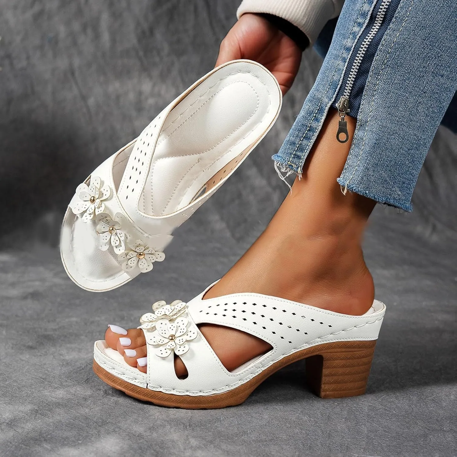 Womens Block Heels Sandals Summer Dressy Hollow Out Women's Sandals Peep Toe Fashion Chunky Heel Slip On Slides Slippers