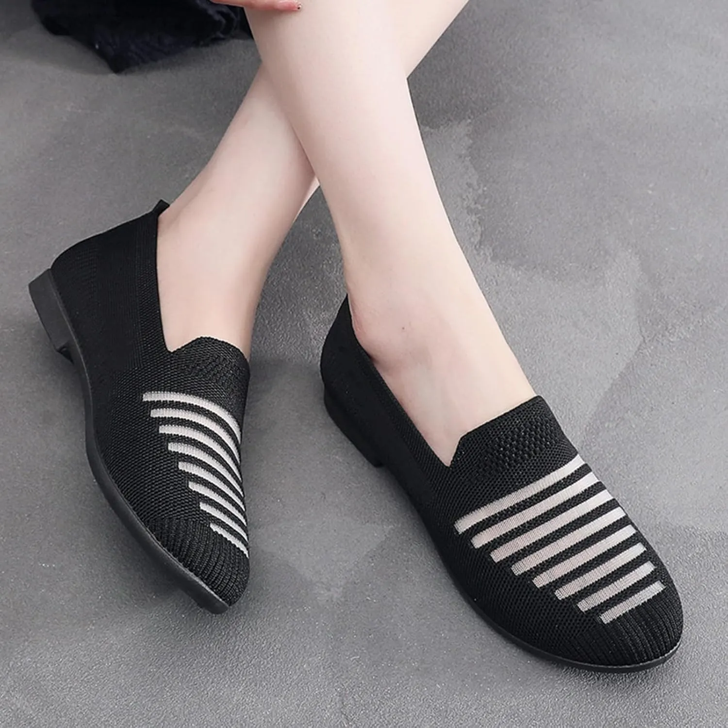Women's Casual Shoes Summer Knit Slip On Walking Shoes Comfortable Low Heel Dress Sneaker Wide Width Mesh Breathable Sneakers