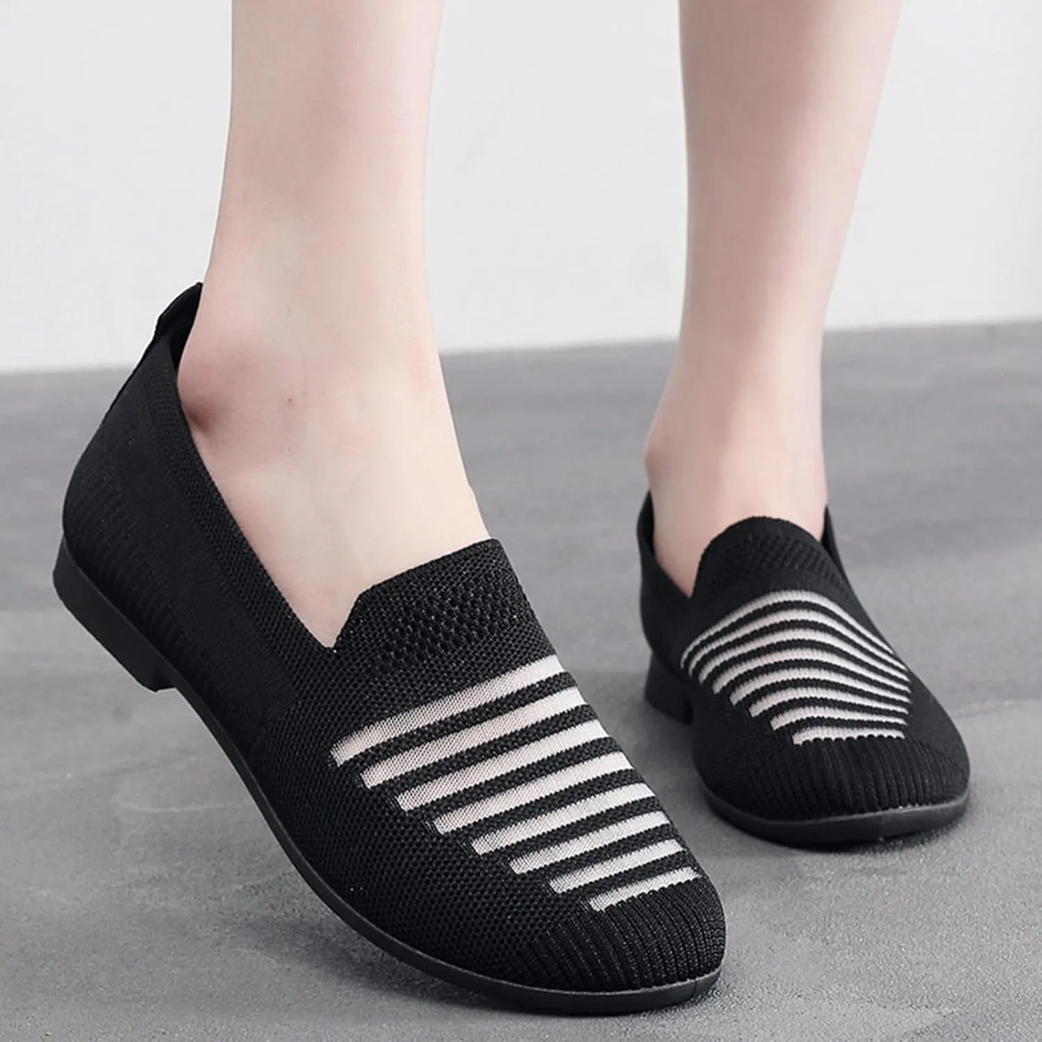 Women's Casual Shoes Summer Knit Slip On Walking Shoes Comfortable Low Heel Dress Sneaker Wide Width Mesh Breathable Sneakers