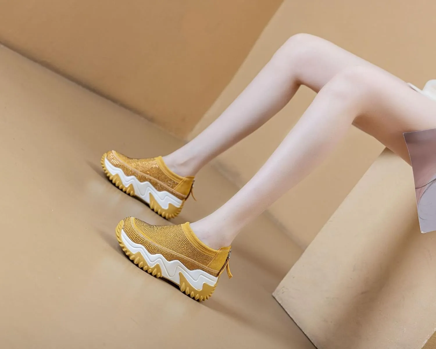 Women's Chunky Dad Sneakers - Aesthetic Hollow Out Platform Shoes Zipper Rhinestone Lightweight Casual Comfortable
