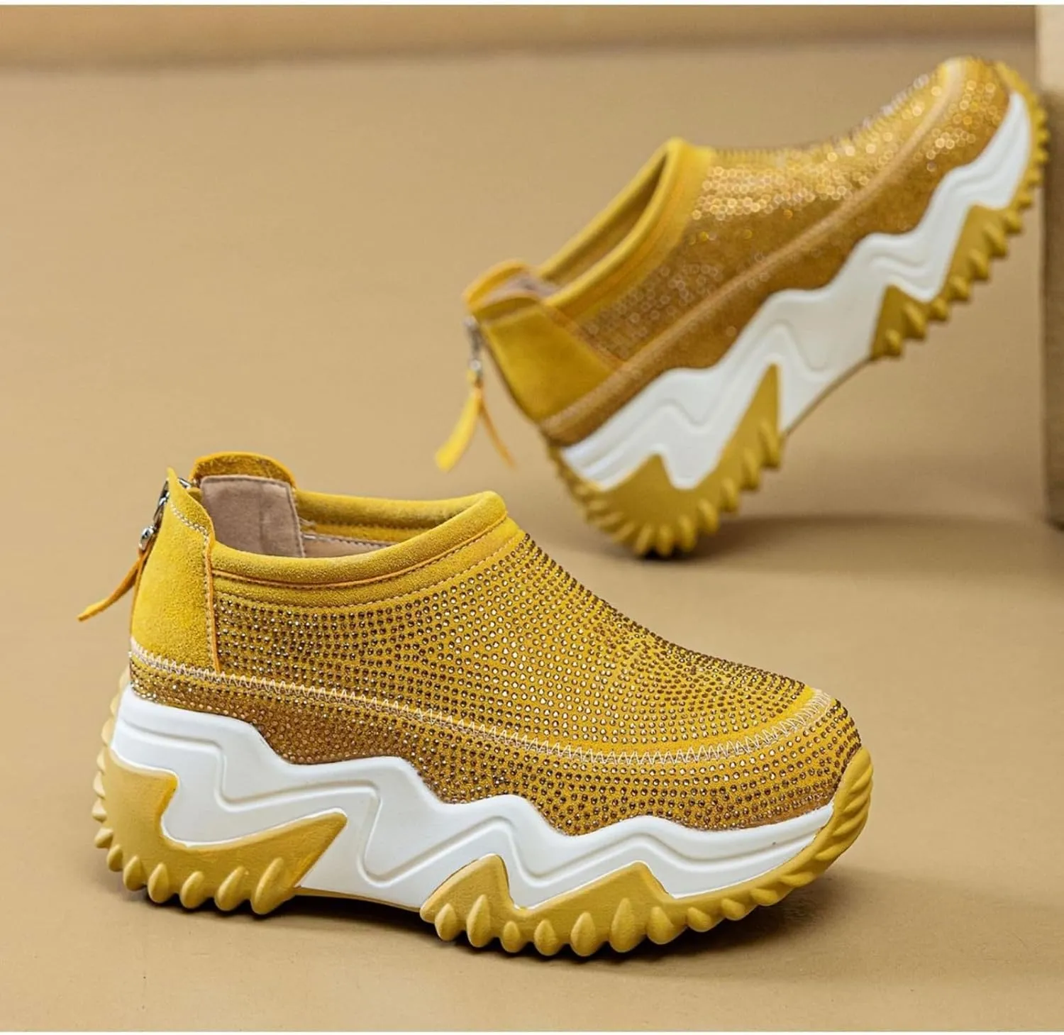 Women's Chunky Dad Sneakers - Aesthetic Hollow Out Platform Shoes Zipper Rhinestone Lightweight Casual Comfortable