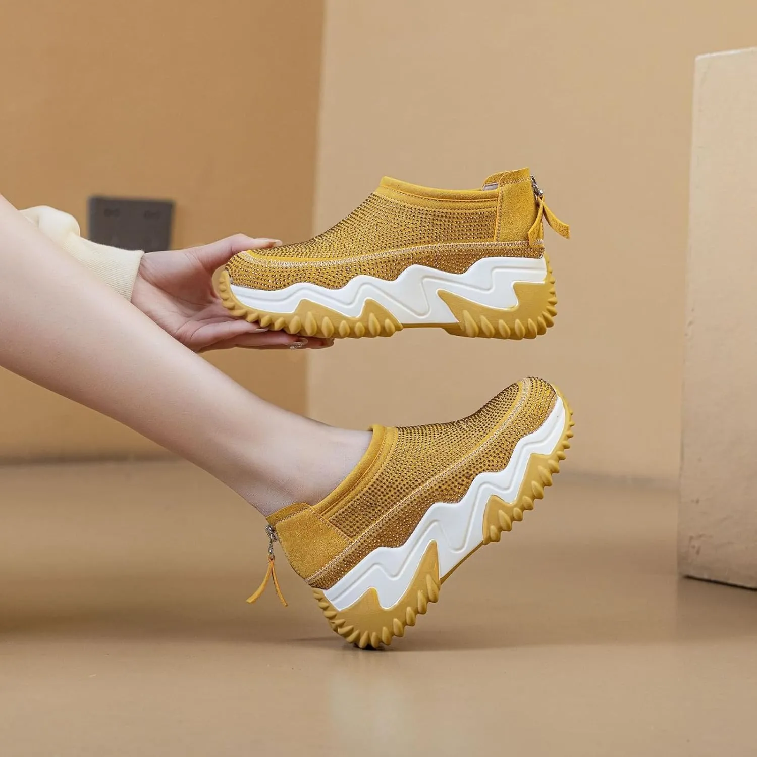 Women's Chunky Dad Sneakers - Aesthetic Hollow Out Platform Shoes Zipper Rhinestone Lightweight Casual Comfortable