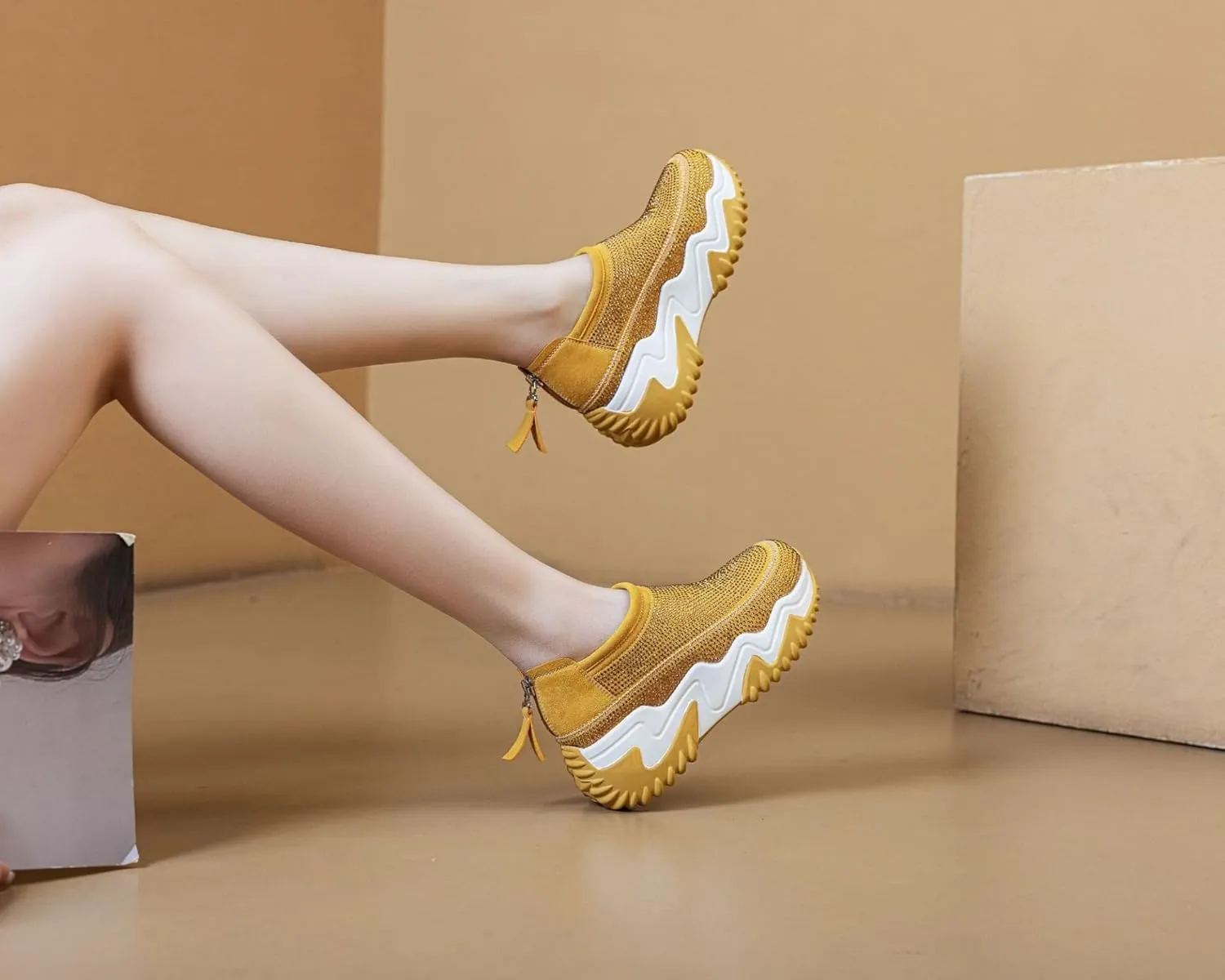 Women's Chunky Dad Sneakers - Aesthetic Hollow Out Platform Shoes Zipper Rhinestone Lightweight Casual Comfortable