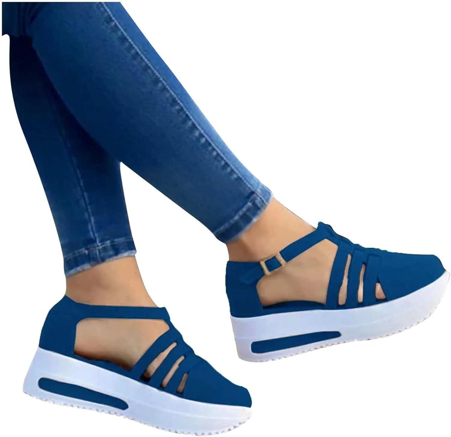 Women's Dressy Comfortable Walking Summer Flat Sandals Close Toe Slip On Ankle Strap Buckle Platform Wedges Shoes Walking Comfort Breathable Lightweight Fashion Casual Shoe Round Head Hollow Footwear
