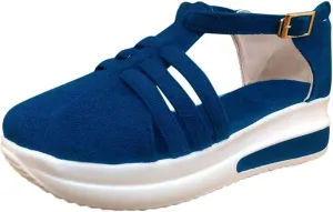 Women's Dressy Comfortable Walking Summer Flat Sandals Close Toe Slip On Ankle Strap Buckle Platform Wedges Shoes Walking Comfort Breathable Lightweight Fashion Casual Shoe Round Head Hollow Footwear