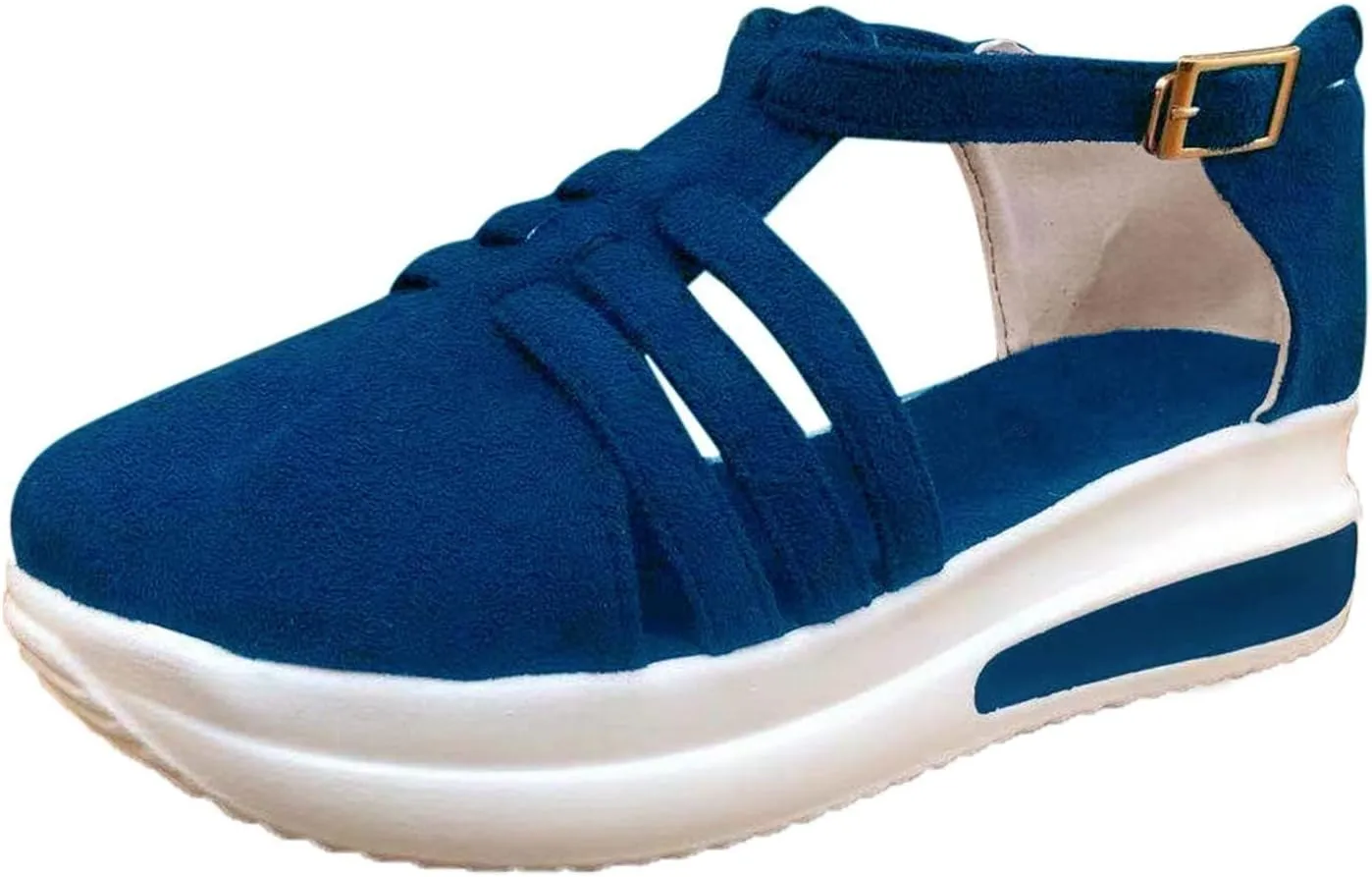Women's Dressy Comfortable Walking Summer Flat Sandals Close Toe Slip On Ankle Strap Buckle Platform Wedges Shoes Walking Comfort Breathable Lightweight Fashion Casual Shoe Round Head Hollow Footwear