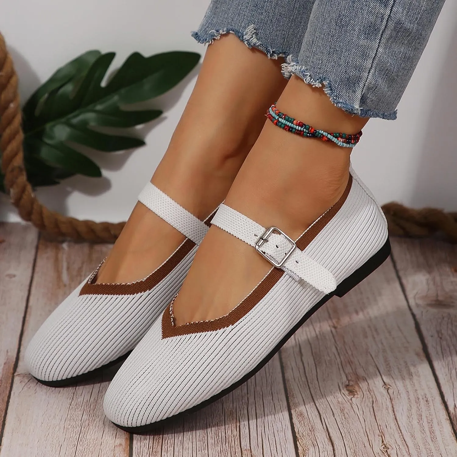 Women's Flat Shoes Flying Weave Round Toe Shallow Mouth Retro Colorblocking One Foot Stirrup Casual Work Single Shoes
