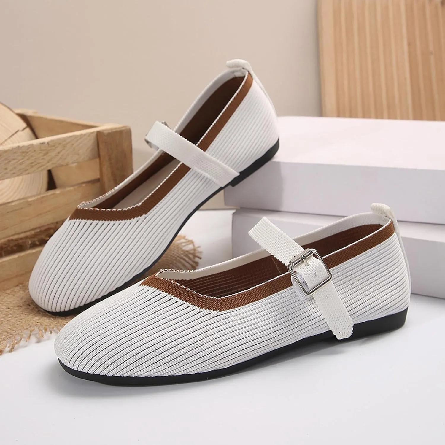 Women's Flat Shoes Flying Weave Round Toe Shallow Mouth Retro Colorblocking One Foot Stirrup Casual Work Single Shoes
