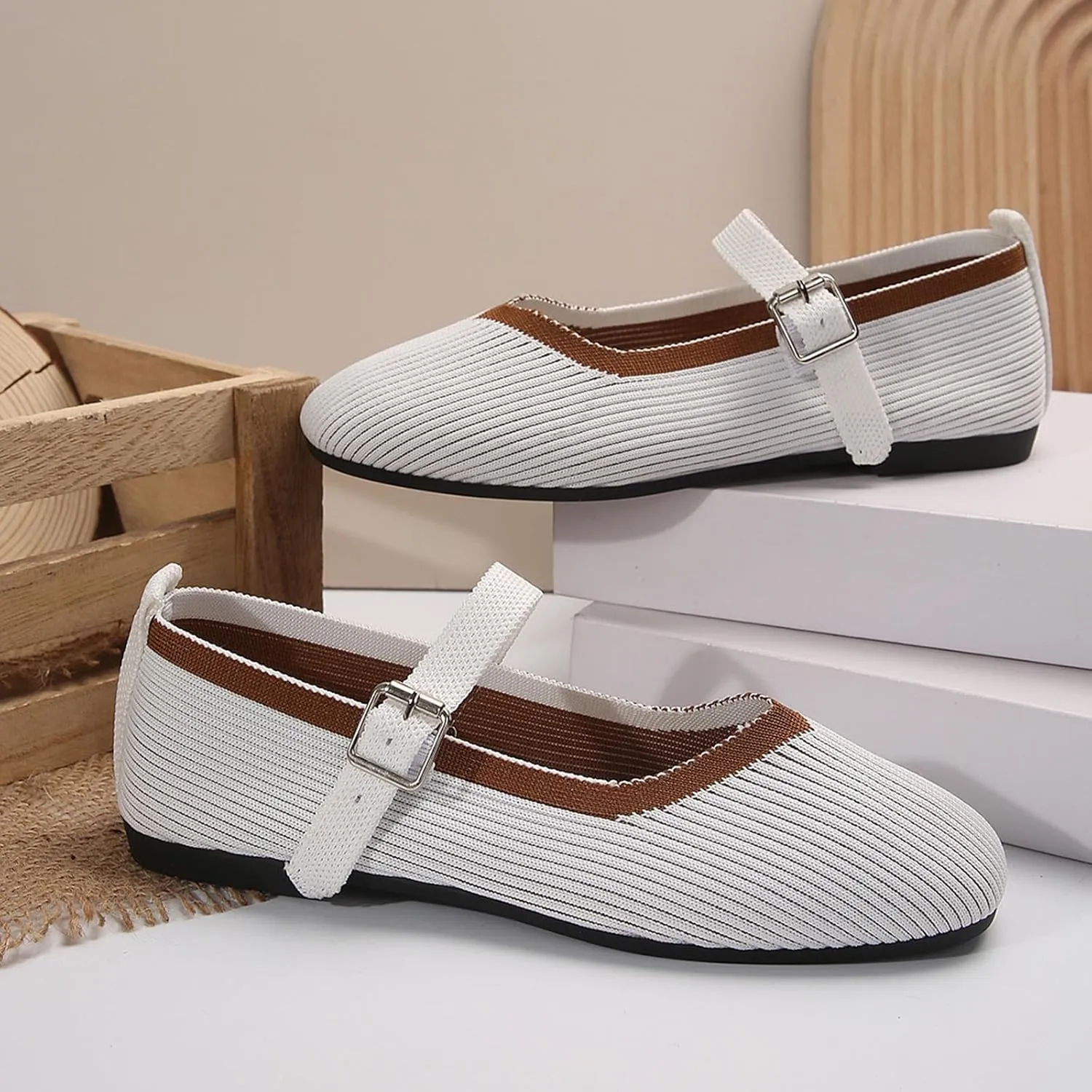 Women's Flat Shoes Flying Weave Round Toe Shallow Mouth Retro Colorblocking One Foot Stirrup Casual Work Single Shoes