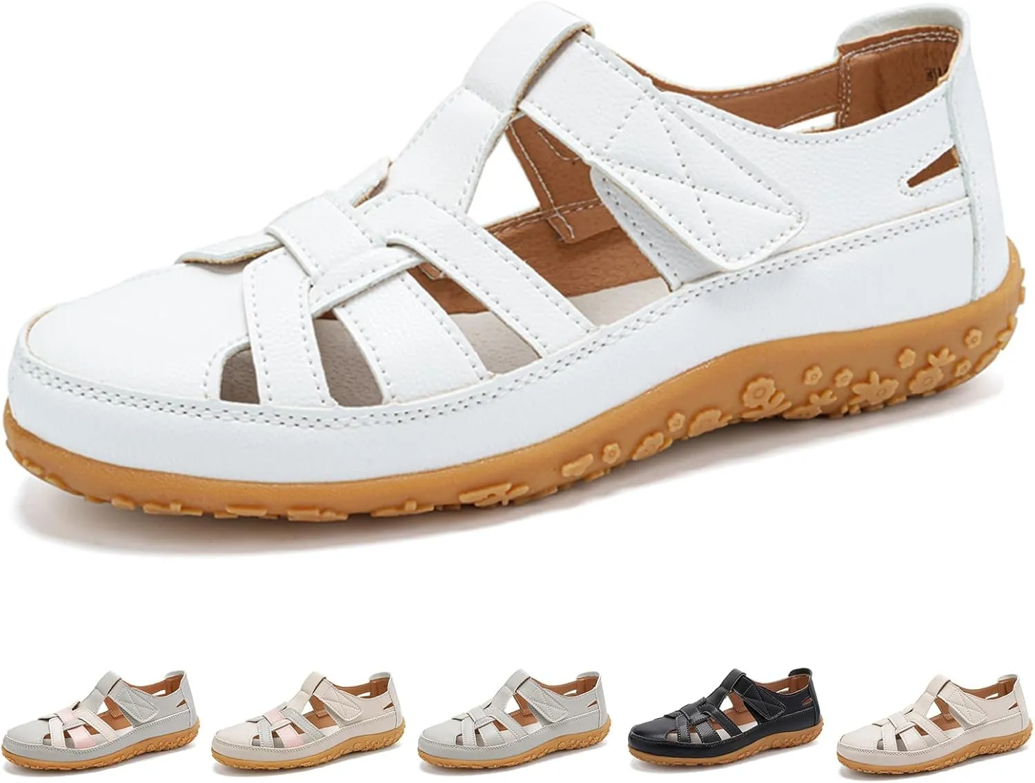 Womens Genuine Leather Sandals Woven Closed Toe Sandal Lightweight Non Slip Ankle Strap Shoes Boho Gladiator Beach Shoes for Outdoor Beach Daily