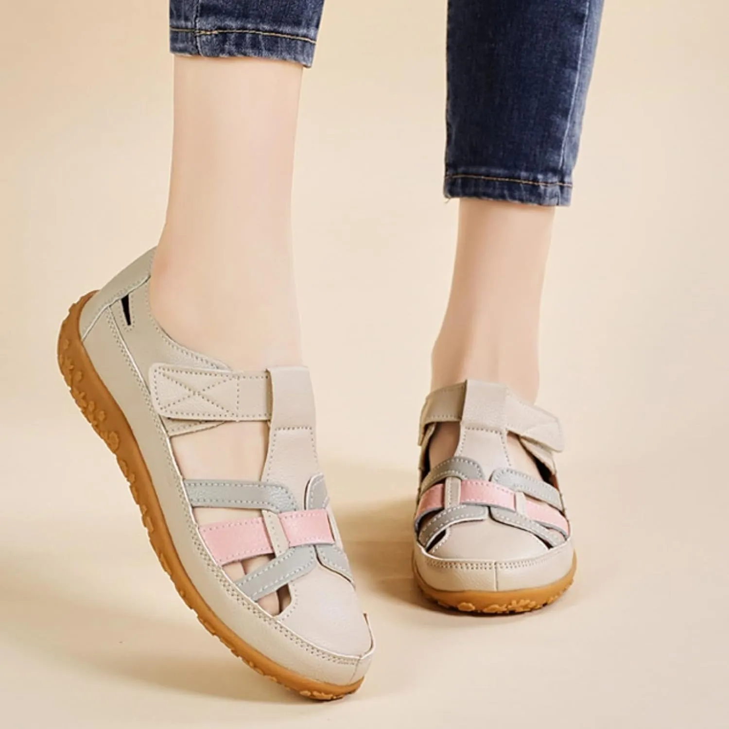 Womens Genuine Leather Sandals Woven Closed Toe Sandal Lightweight Non Slip Ankle Strap Shoes Boho Gladiator Beach Shoes for Outdoor Beach Daily
