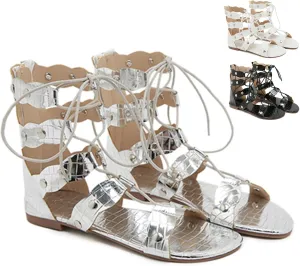 Women's Leather Strappy Roman Flat Sandals Fashion Comfortable Back Zipper Hollow Out Gladiator Sandals for Party Work Outdoor