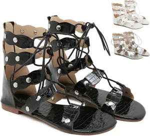 Women's Leather Strappy Roman Flat Sandals Fashion Comfortable Back Zipper Hollow Out Gladiator Sandals for Party Work Outdoor