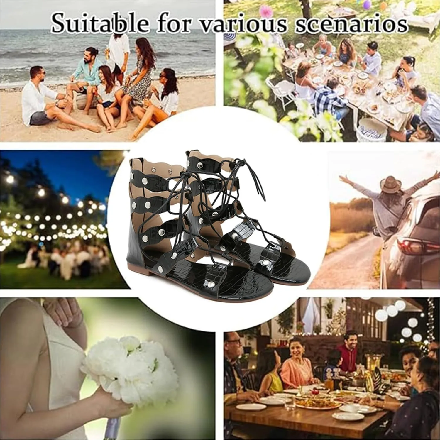 Women's Leather Strappy Roman Flat Sandals Fashion Comfortable Back Zipper Hollow Out Gladiator Sandals for Party Work Outdoor
