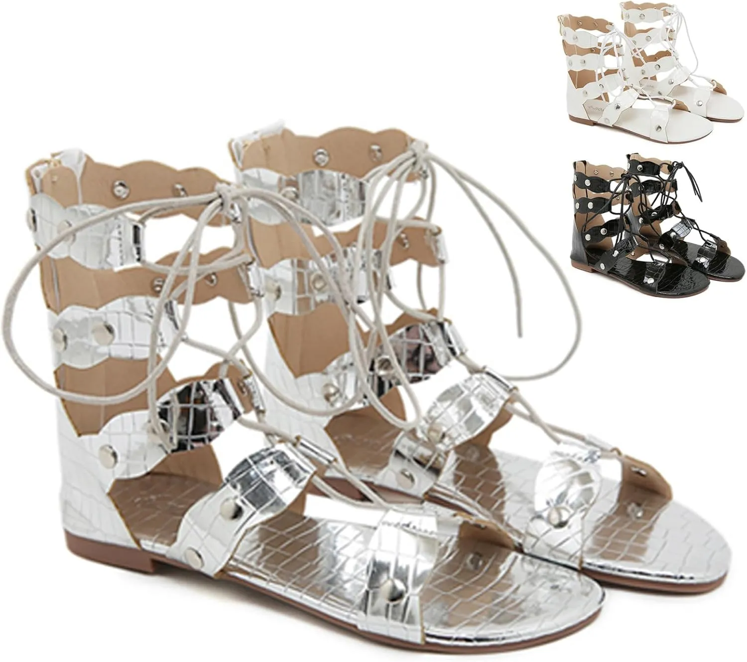 Women's Leather Strappy Roman Flat Sandals Fashion Comfortable Back Zipper Hollow Out Gladiator Sandals for Party Work Outdoor