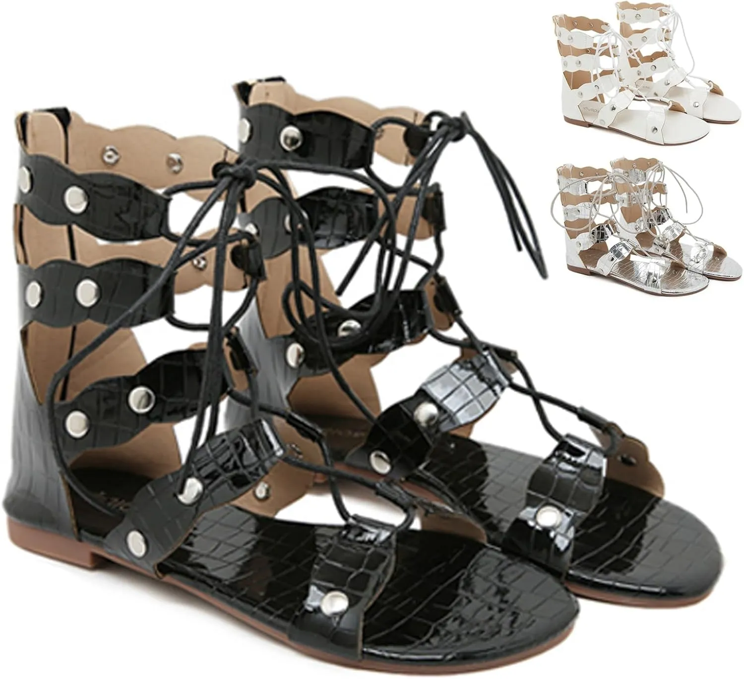 Women's Leather Strappy Roman Flat Sandals Fashion Comfortable Back Zipper Hollow Out Gladiator Sandals for Party Work Outdoor