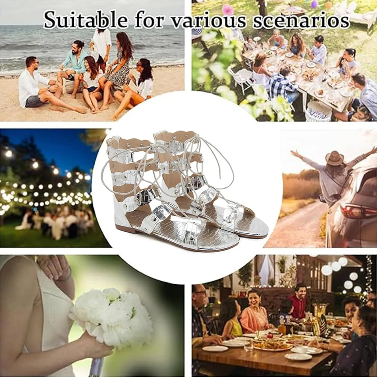 Women's Leather Strappy Roman Flat Sandals Fashion Comfortable Back Zipper Hollow Out Gladiator Sandals for Party Work Outdoor
