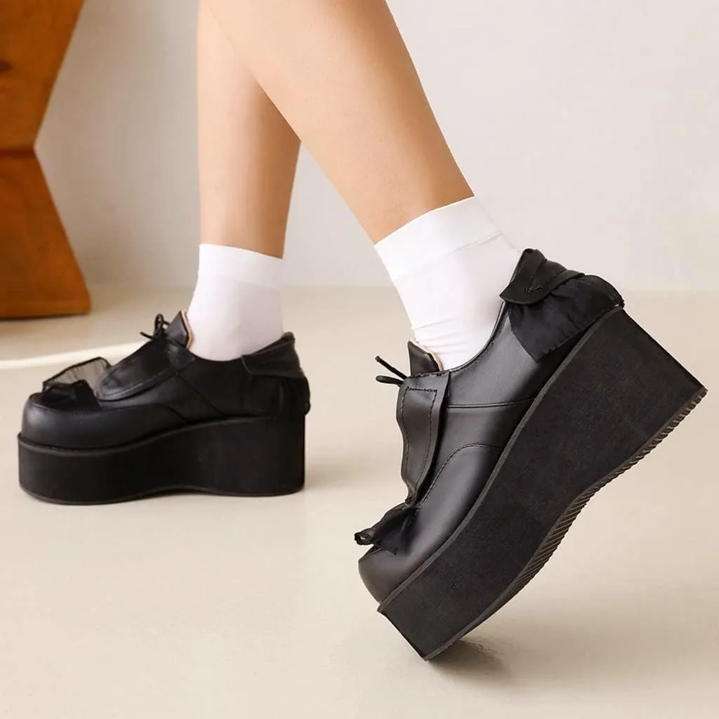 Women's Lolita Lace Up Chunky Platform Pump Shoes Round Toe Wedge High Heels Uniform Dress Pumps