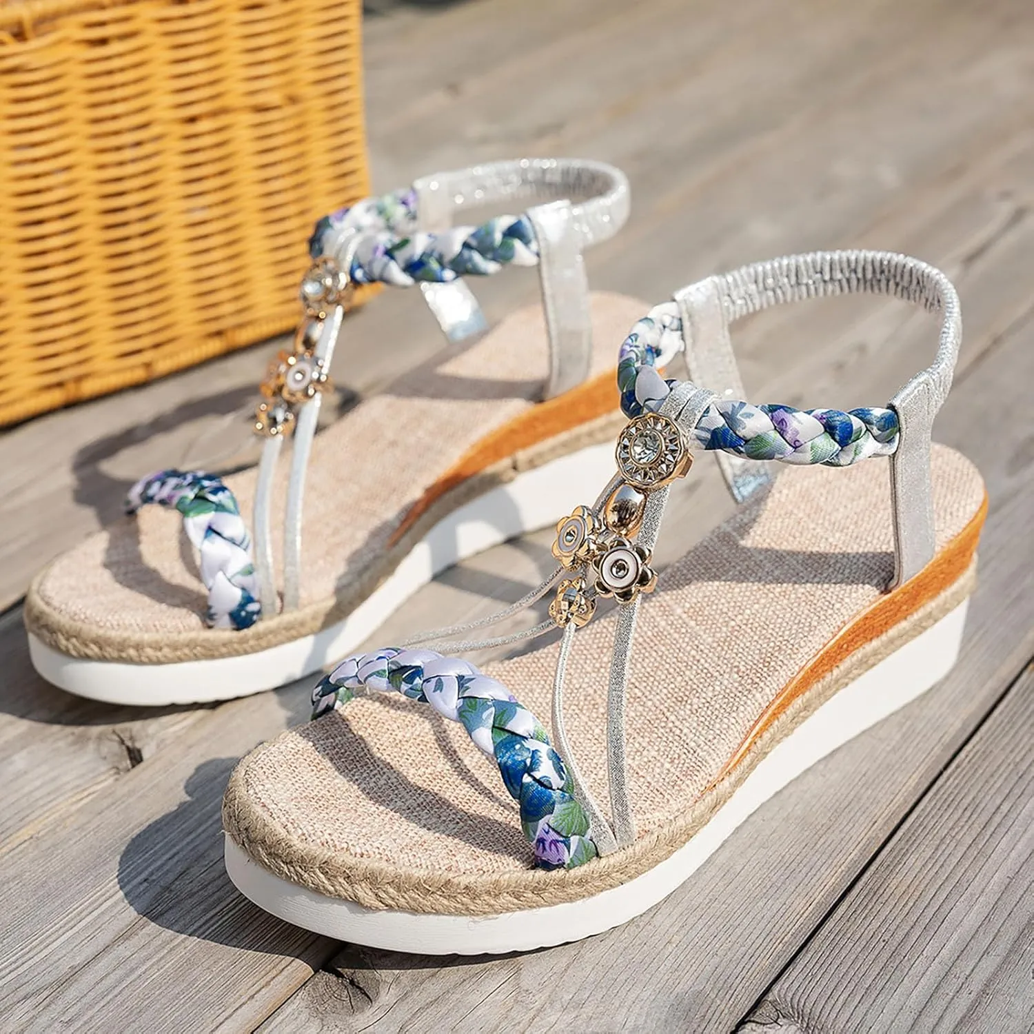 Women's Platform Espadrilles Bohemian Rhinestone Sandals For Women Fashion Wedge Heel Thick Sole Heightening Women's
