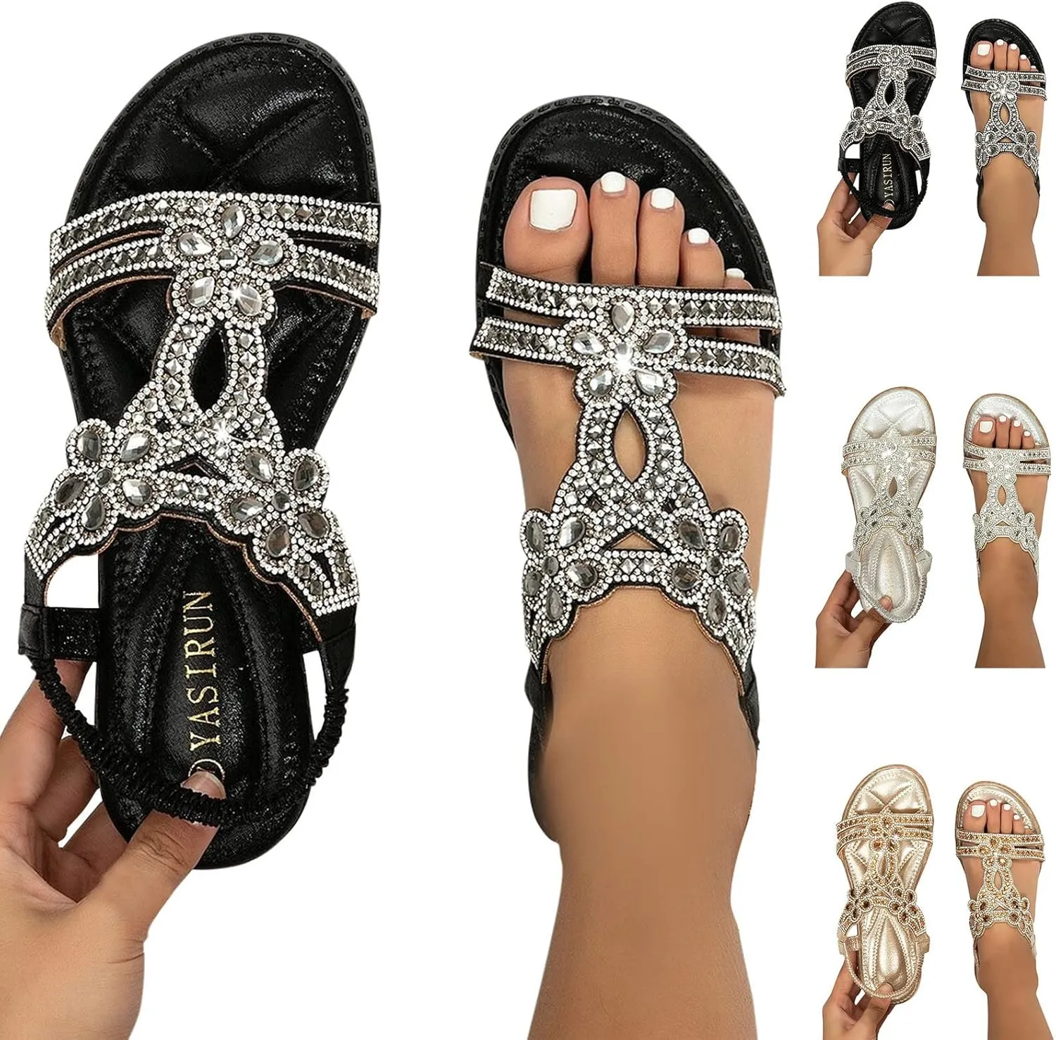 Womens Sandals Shoes Comfort Walking with Non Slip on Casual Summer Beach Shoes Dress Ankle Elastic Jeweled Bohemian Flats