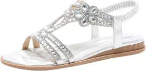 Womens Sandals Shoes Comfort Walking with Non Slip on Casual Summer Beach Shoes Dress Ankle Elastic Jeweled Bohemian Flats