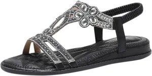 Womens Sandals Shoes Comfort Walking with Non Slip on Casual Summer Beach Shoes Dress Ankle Elastic Jeweled Bohemian Flats