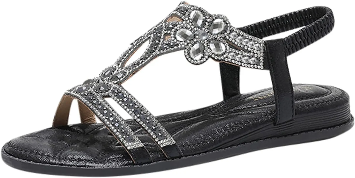 Womens Sandals Shoes Comfort Walking with Non Slip on Casual Summer Beach Shoes Dress Ankle Elastic Jeweled Bohemian Flats