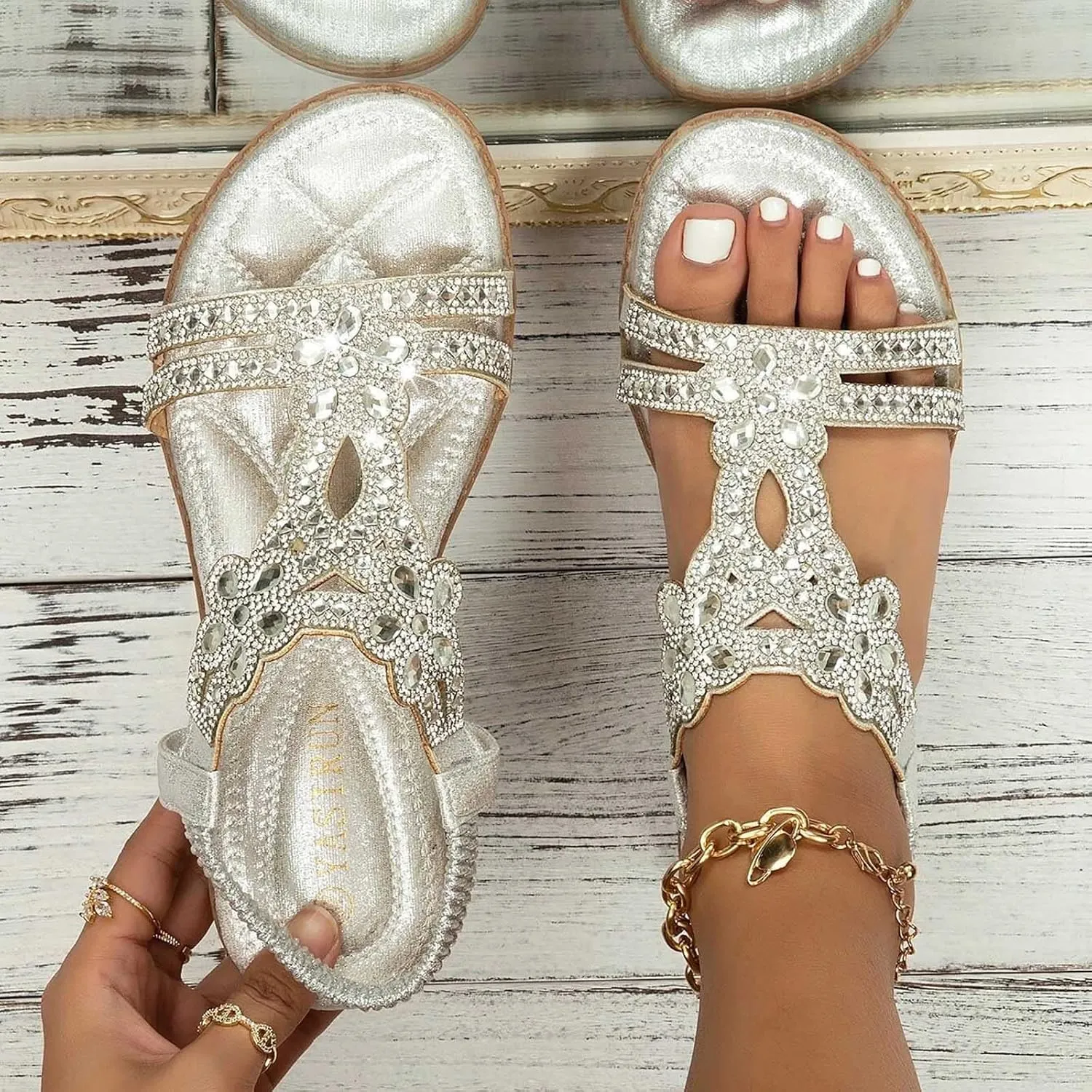 Womens Sandals Shoes Comfort Walking with Non Slip on Casual Summer Beach Shoes Dress Ankle Elastic Jeweled Bohemian Flats