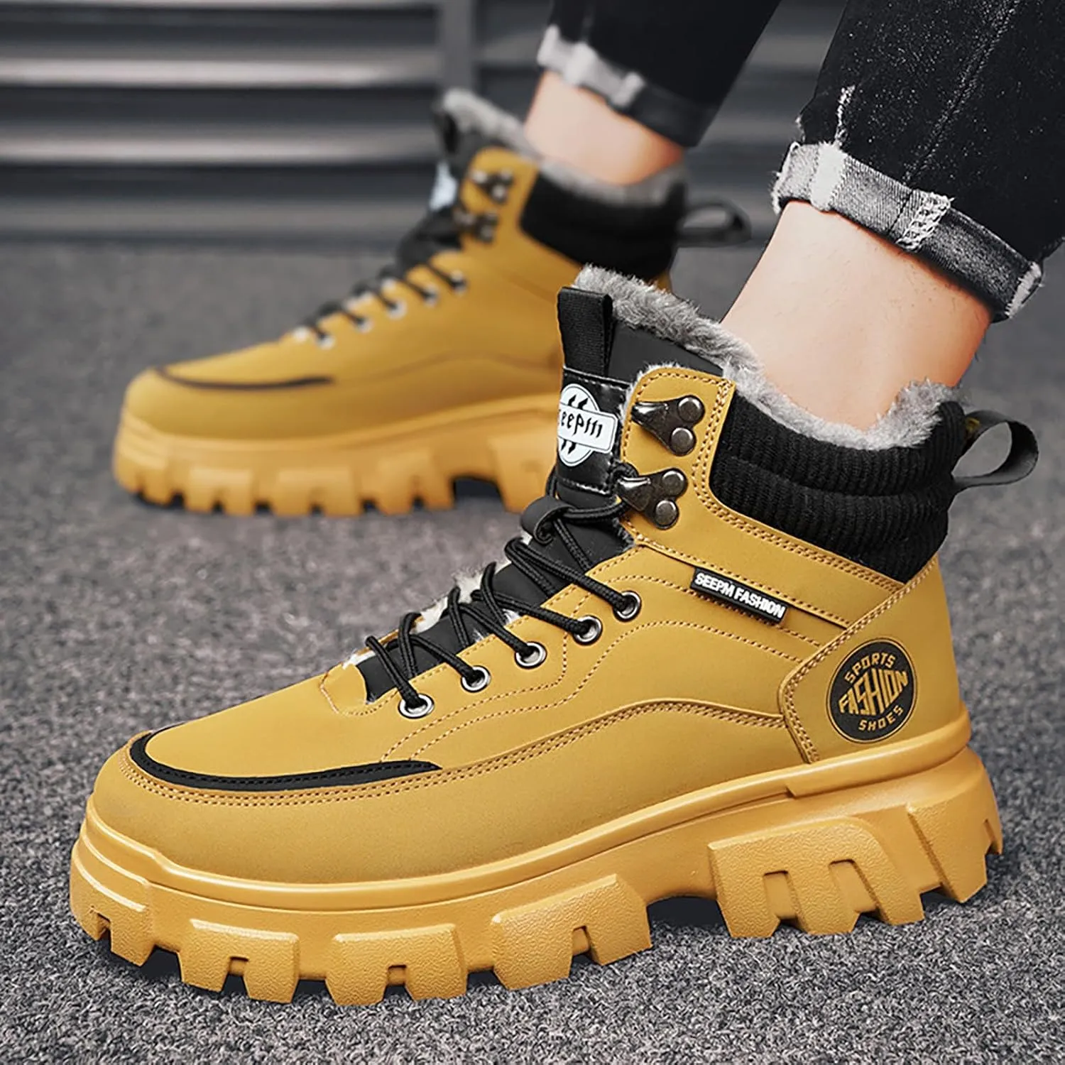 Work Boots for Men Steel Toe Hiking Sneakers with Warm Fur Lining Womens Workout Shoes Non Steel Toe Lightweight Outdoor Botas Mid Ankle Work Casual Hike Grounded Footwear