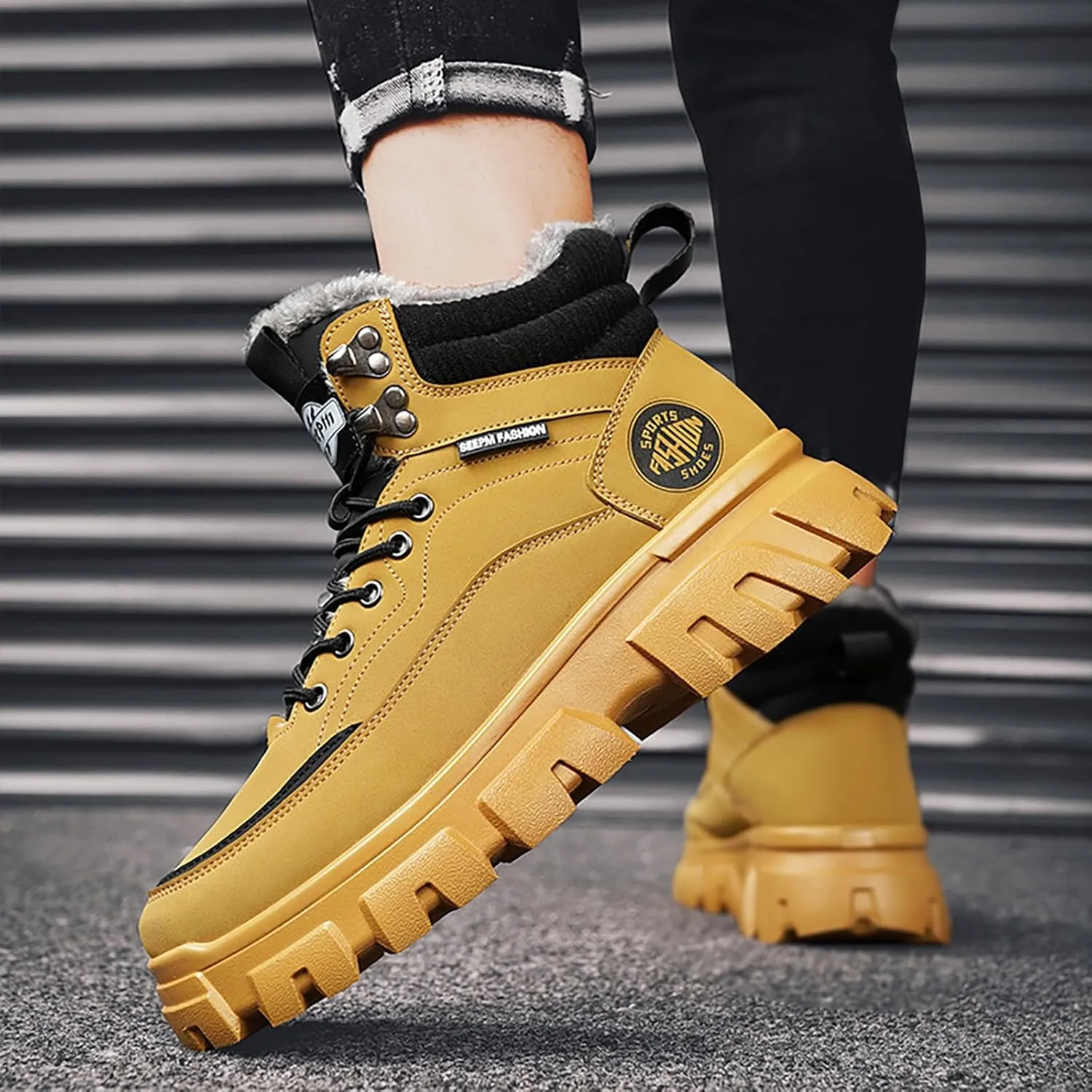 Work Boots for Men Steel Toe Hiking Sneakers with Warm Fur Lining Womens Workout Shoes Non Steel Toe Lightweight Outdoor Botas Mid Ankle Work Casual Hike Grounded Footwear