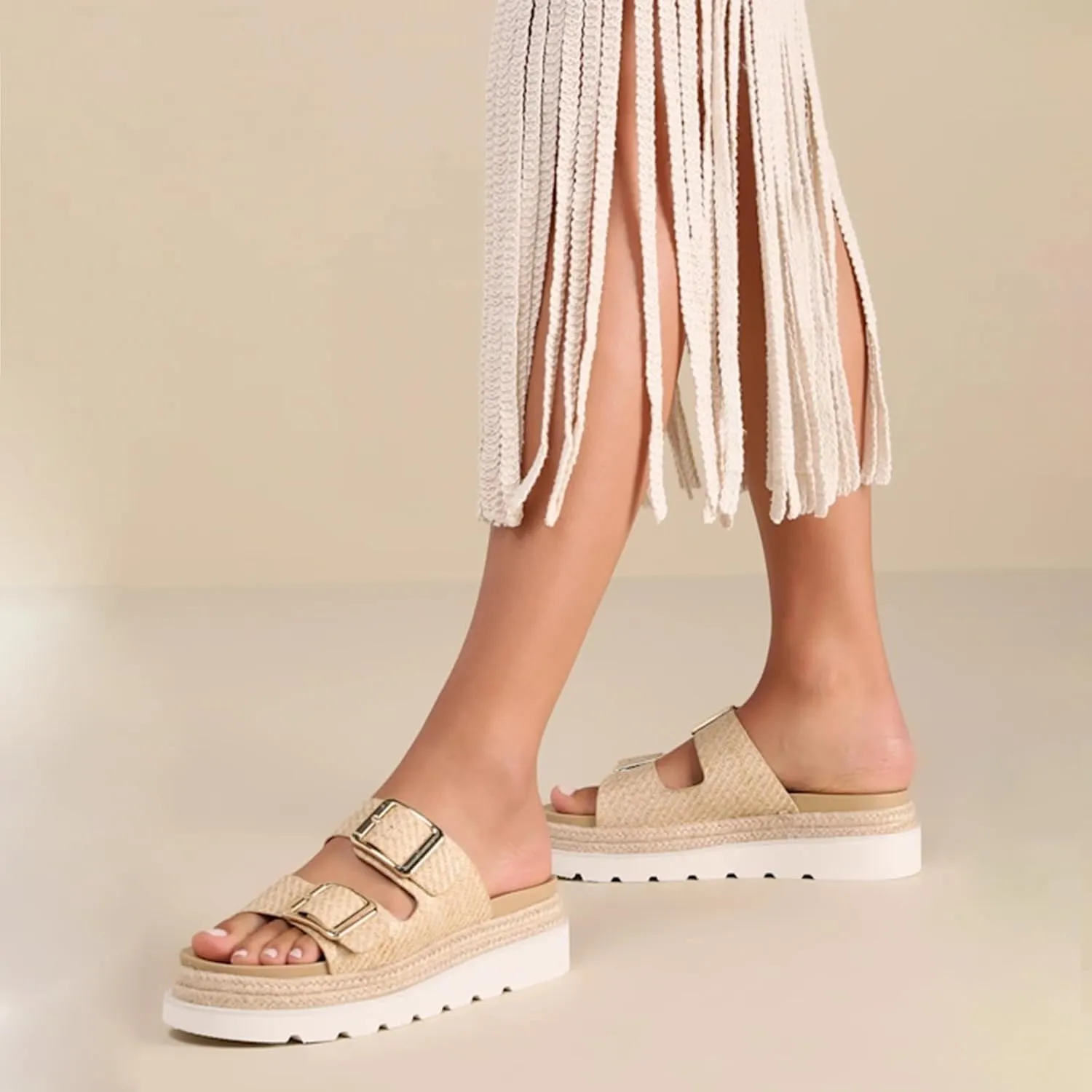 Yishaweiqi Espadrilles Platform Sandals for Women Comfortable Raffia Flatform Sandals Adjustable Buckle Straps Woven Straw Crochet Flat Slide Sandals Summer Beach Shoes